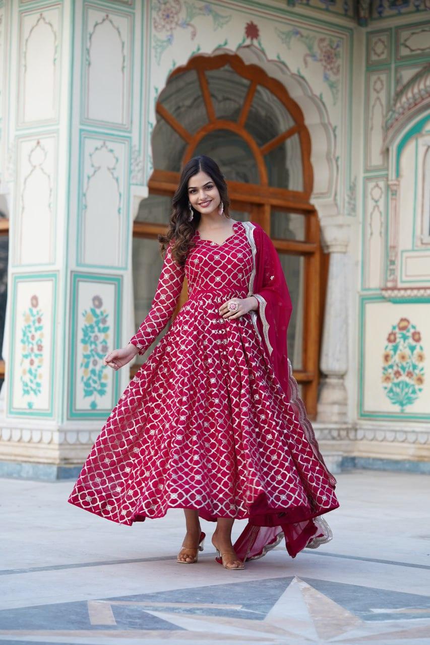 Rani pink Georgette Embroidered gown with dupatta From China