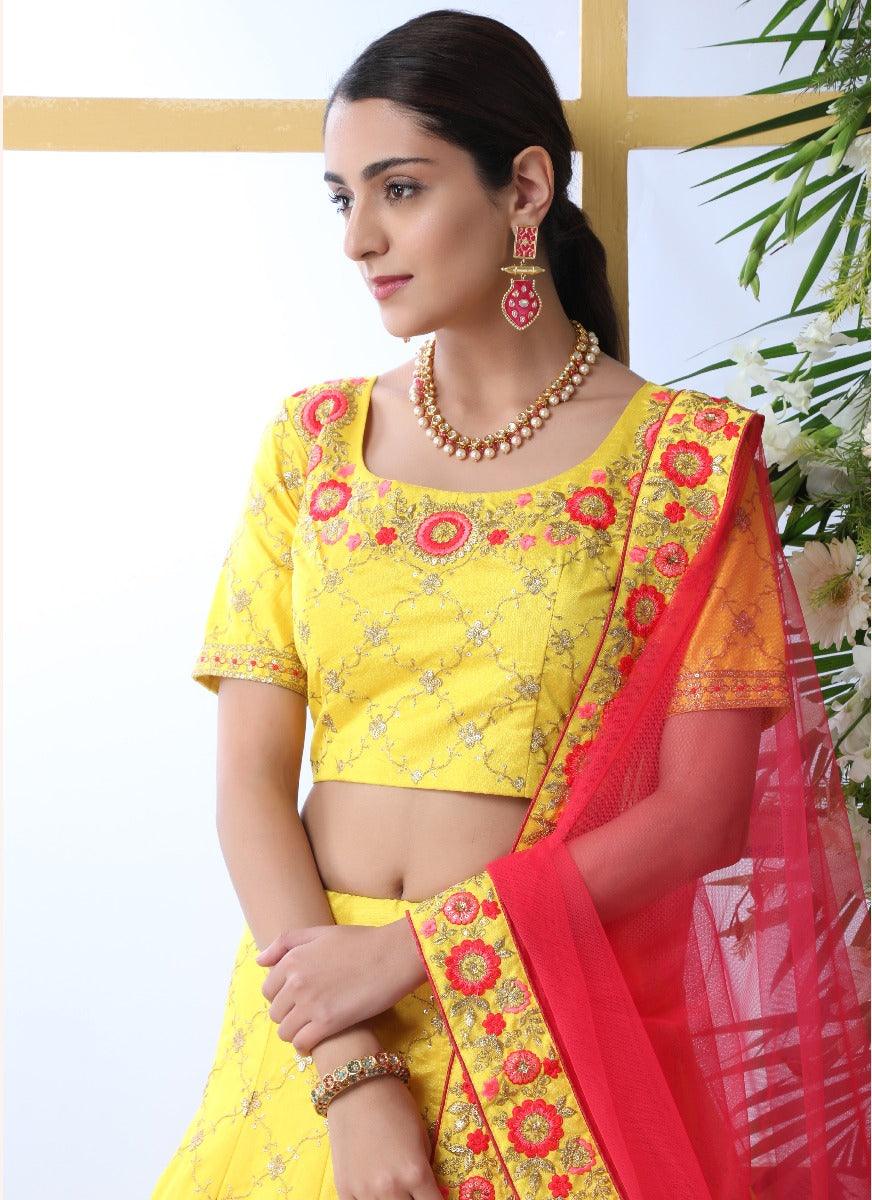 Stunning Yellow Resham Zari Work Lehenga Choli Set Real Cheap Online