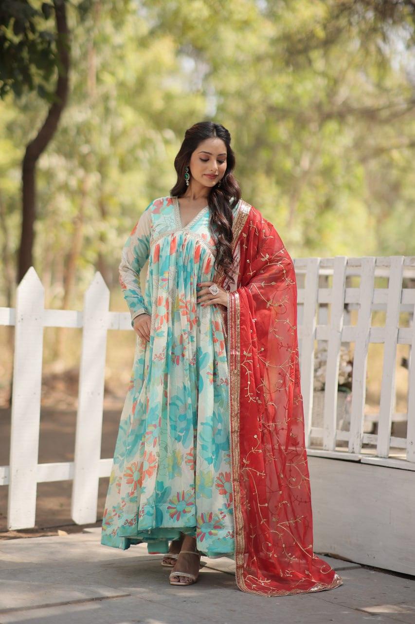 Amazing Russian Silk Floral Digital Printed Gown With Dupatta View For Sale