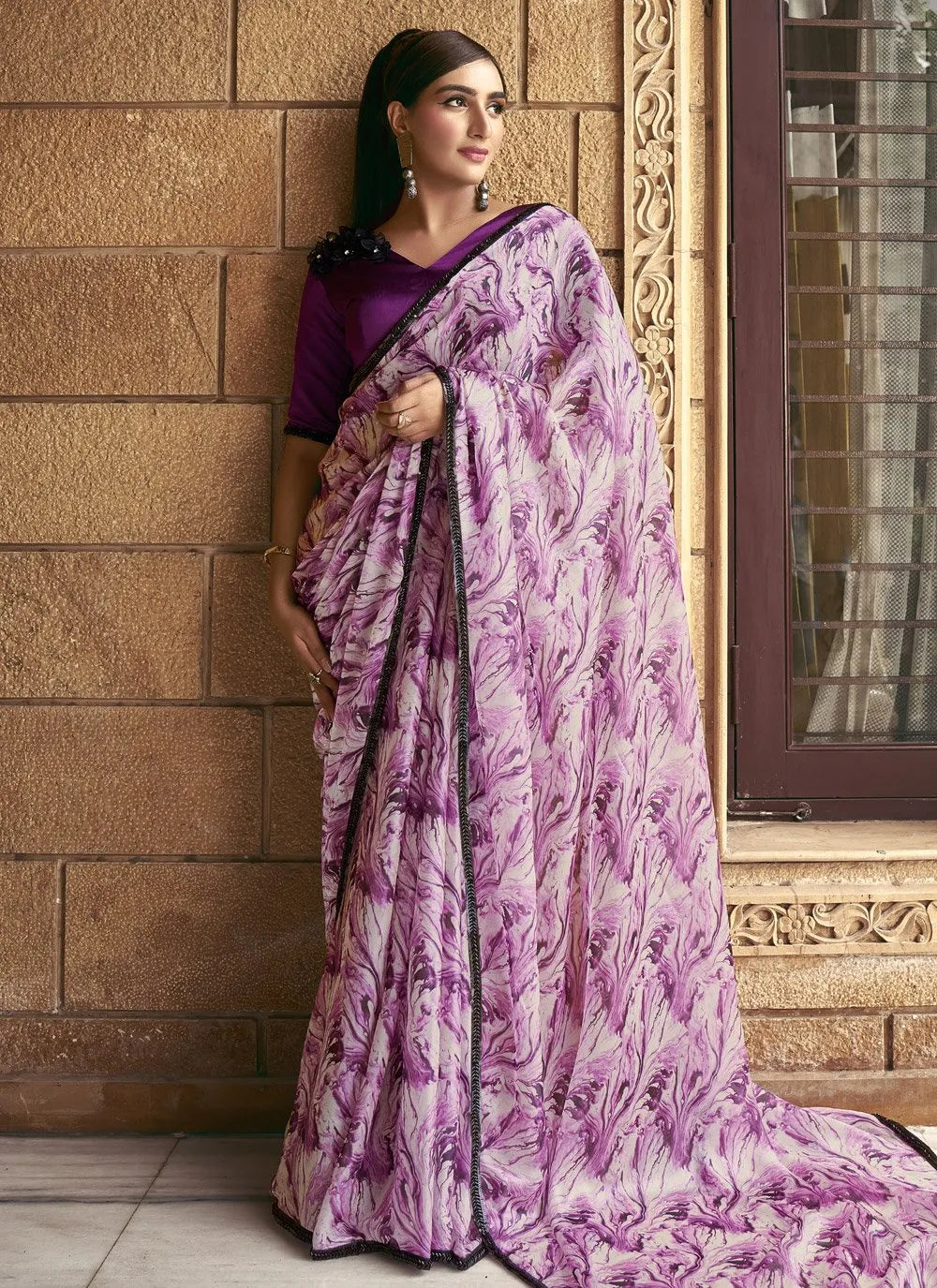 Grape Purple Shaded Satin Silk Printed Bead Worked Saree Best Deals