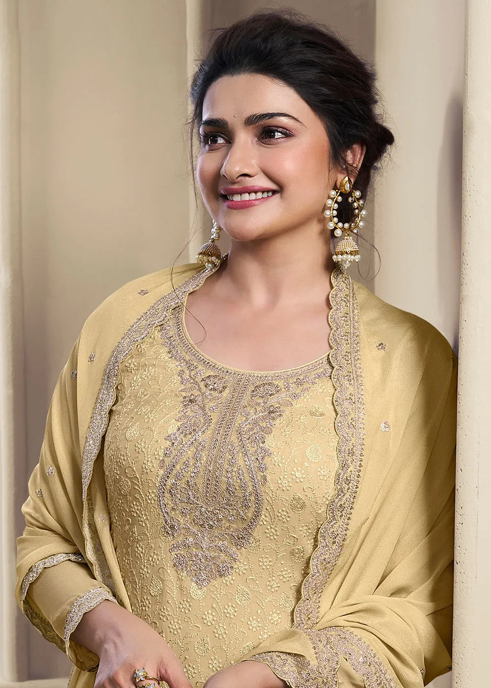 Pale Yellow Schiffli Embroidered Organza Designer Straight Suit Cheap Good Selling