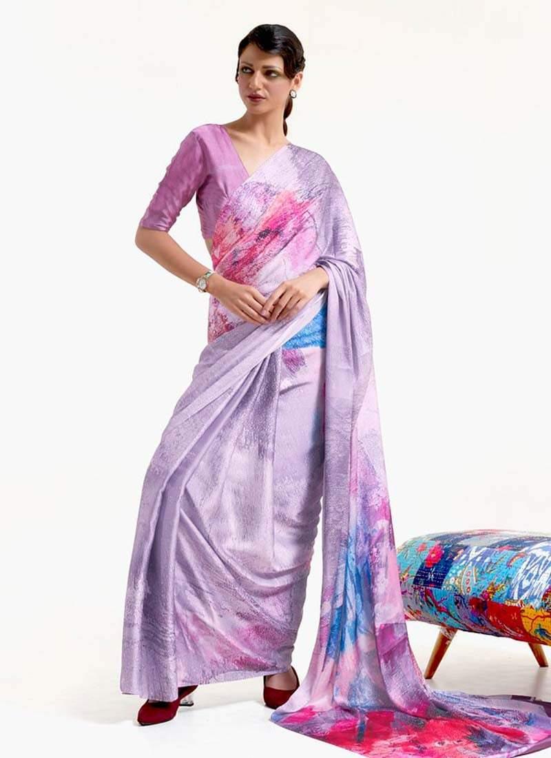 Heavenly Looking Purple Color Crepe Fabric V-Neck Blouse Printed Saree Clearance 2025 Unisex