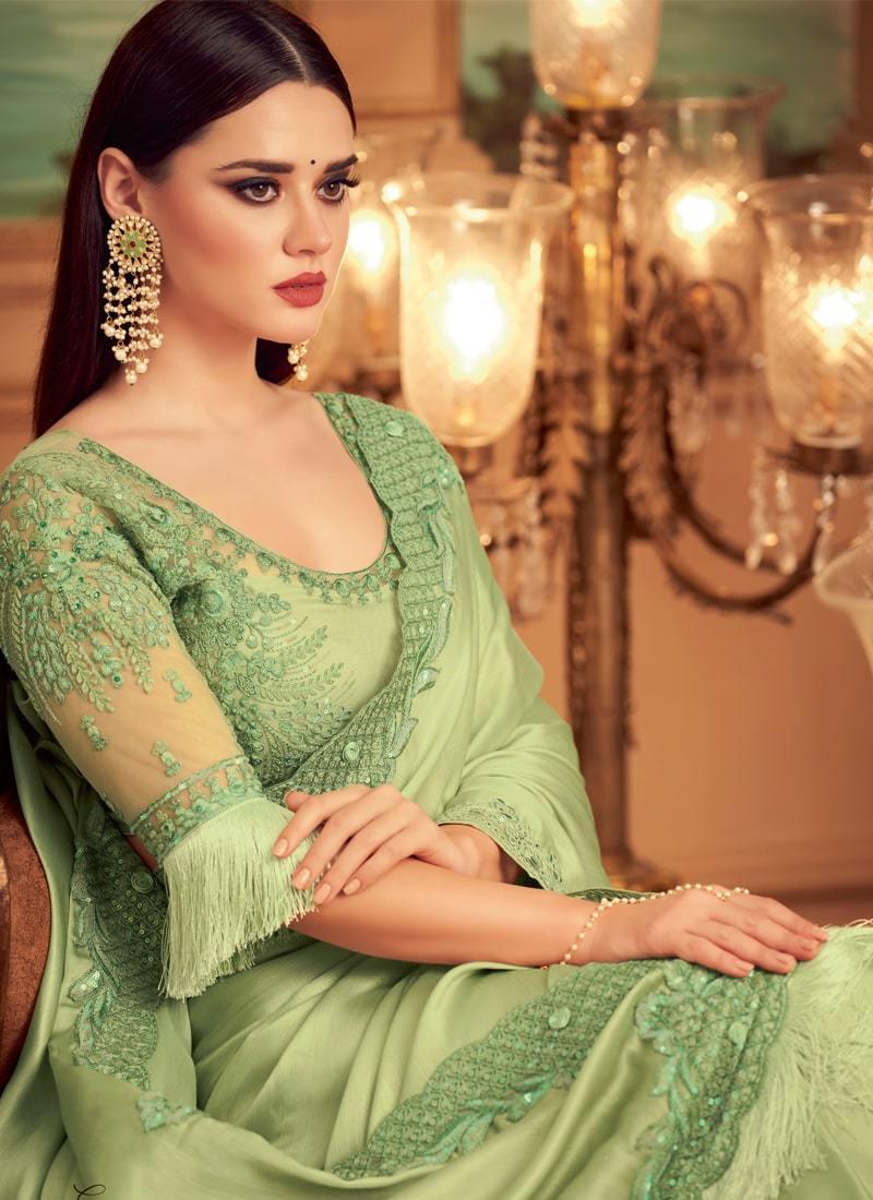 Sequins Work Light Green Color Saree With Resham Work Blouse Free Shipping Sast