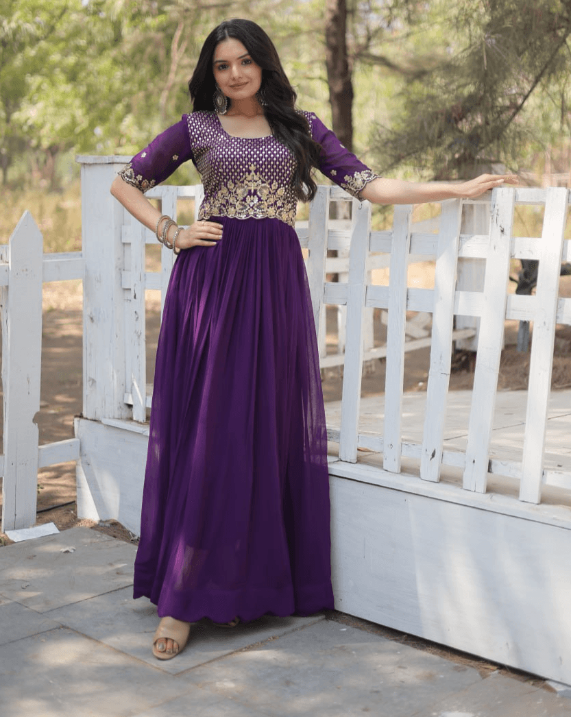 Royal Purple Embellished Gown with Elegant half Sleeves Clearance Footaction