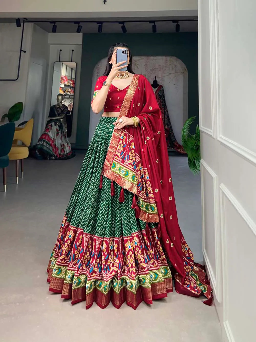 Gorgeous Green Tussar Silk Patola Printed Lehenga Choli For Sale Free Shipping