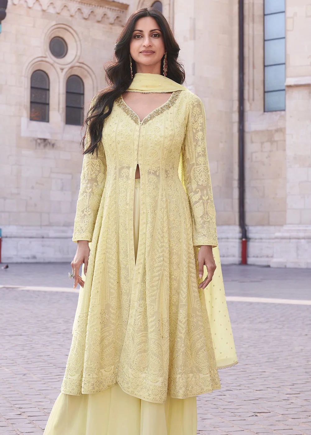 Glowing Embroidered Light Yellow Anarkali Style Sharara Suit Outlet New Styles