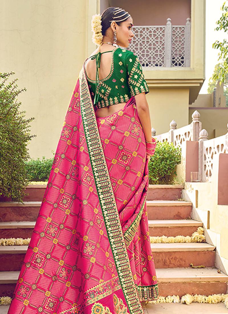 Double Blouse Rani Pink Patola Silk Saree Pay With Paypal