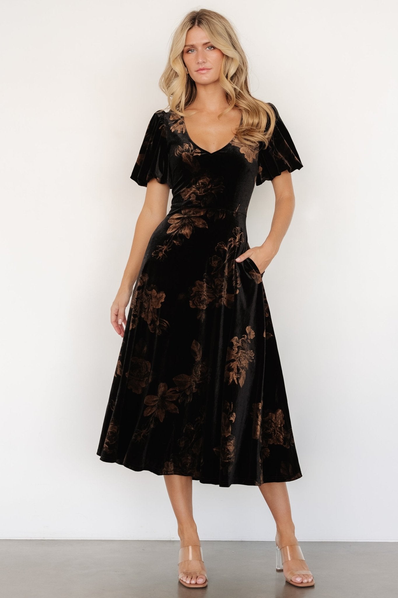 Janna Velvet Midi Dress | Black + Bronze Floral Deals Cheap Pice