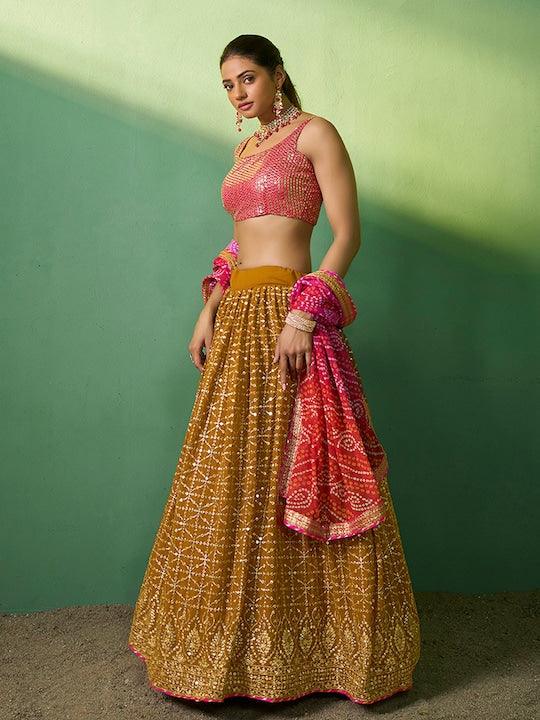 Mustard color Georgette Sequinned A-line lehenga choli New For Sale