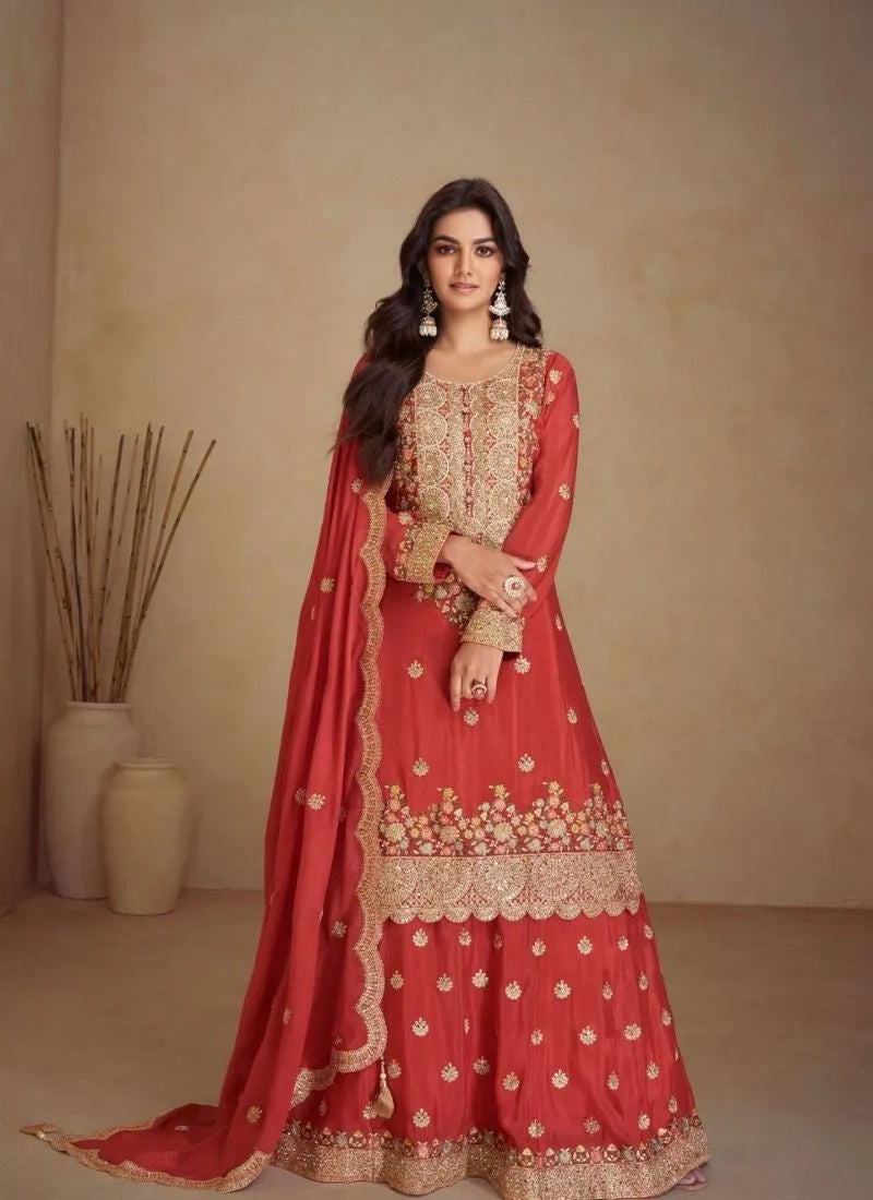 Classic Embroidered Rust Red Pure Chinon Palazzo Suit Tumblr Sale Online