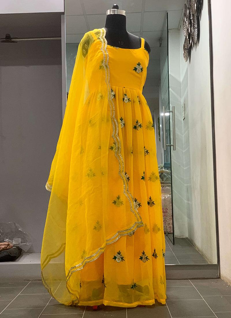 Yellow Color Georgette Fabric Thread And Zari Work Sleeveless Gown Cheap Best Store To Get