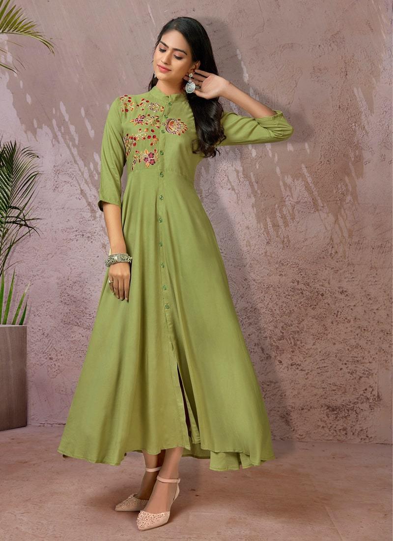 Cotton Fabric Olive Green Color 3/4th Sleeves Casual Wear Long Kurti Best