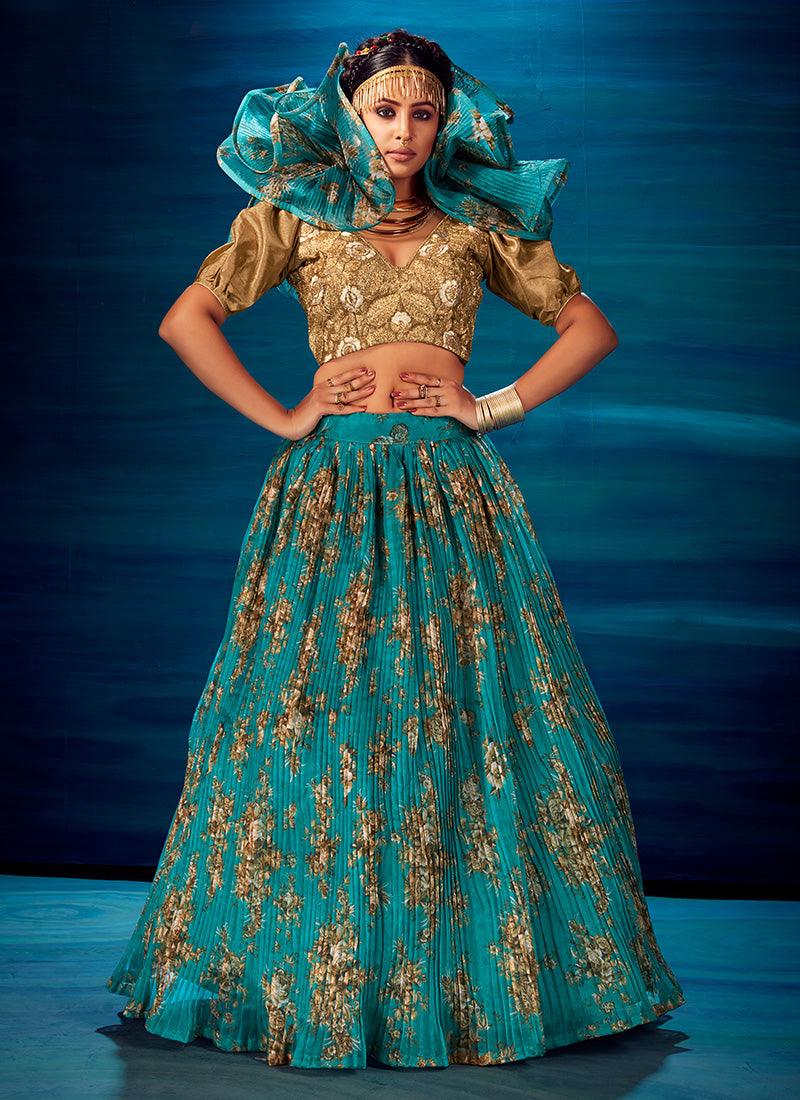 Turquoise Color Fabulous Heavy Sequins Work Printed Lehenga Choli Clearance Order