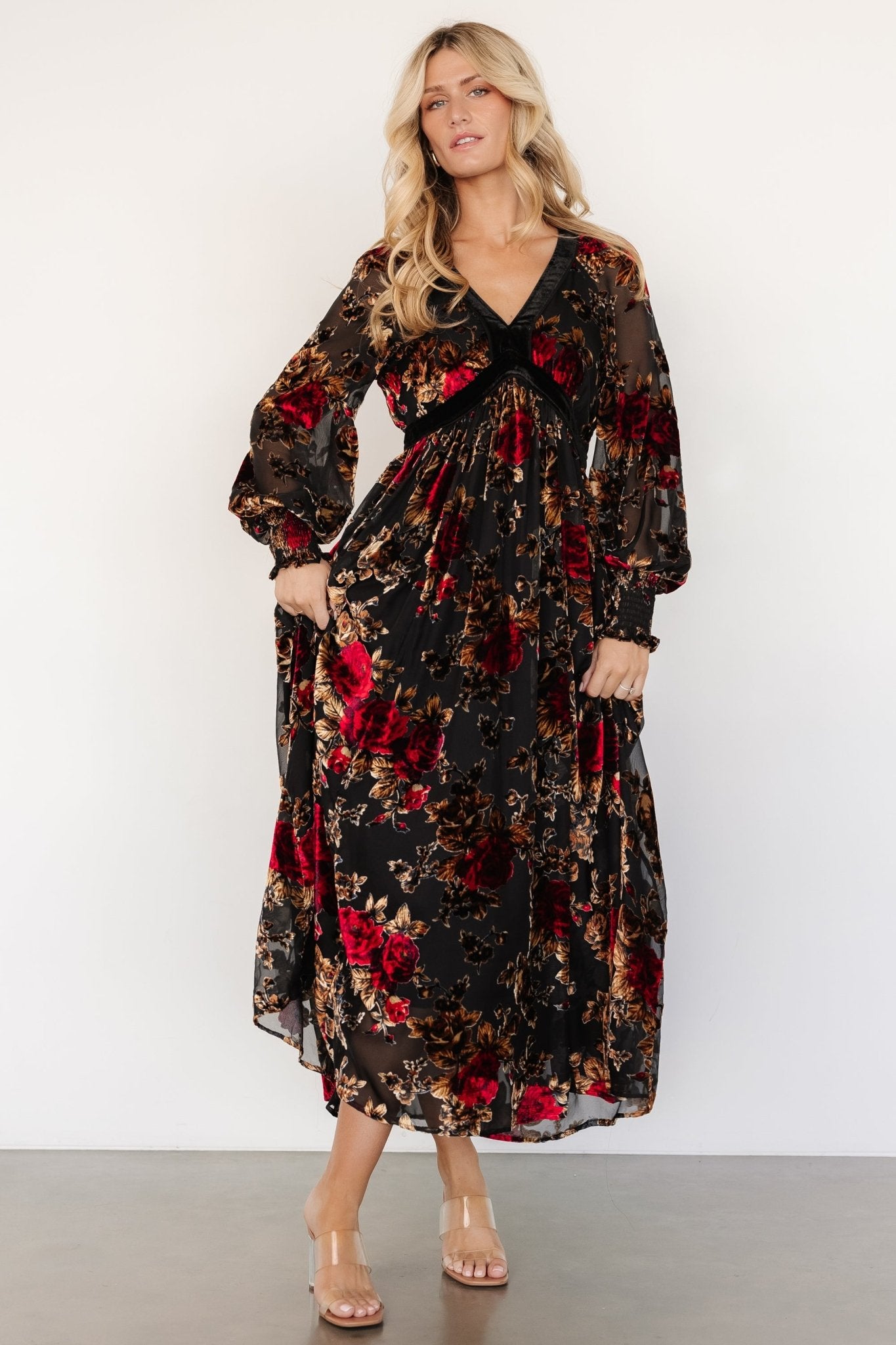 Adele Velvet Dress | Black + Rose Floral Cheap Sale Many Kinds Of