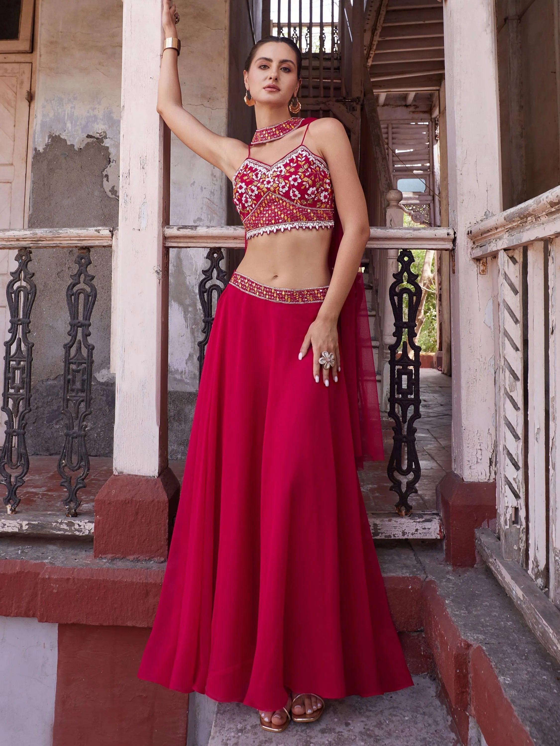 Stylish Red Floral Palazzo Suit with Embroidered Designer Top For Sale Free Shipping