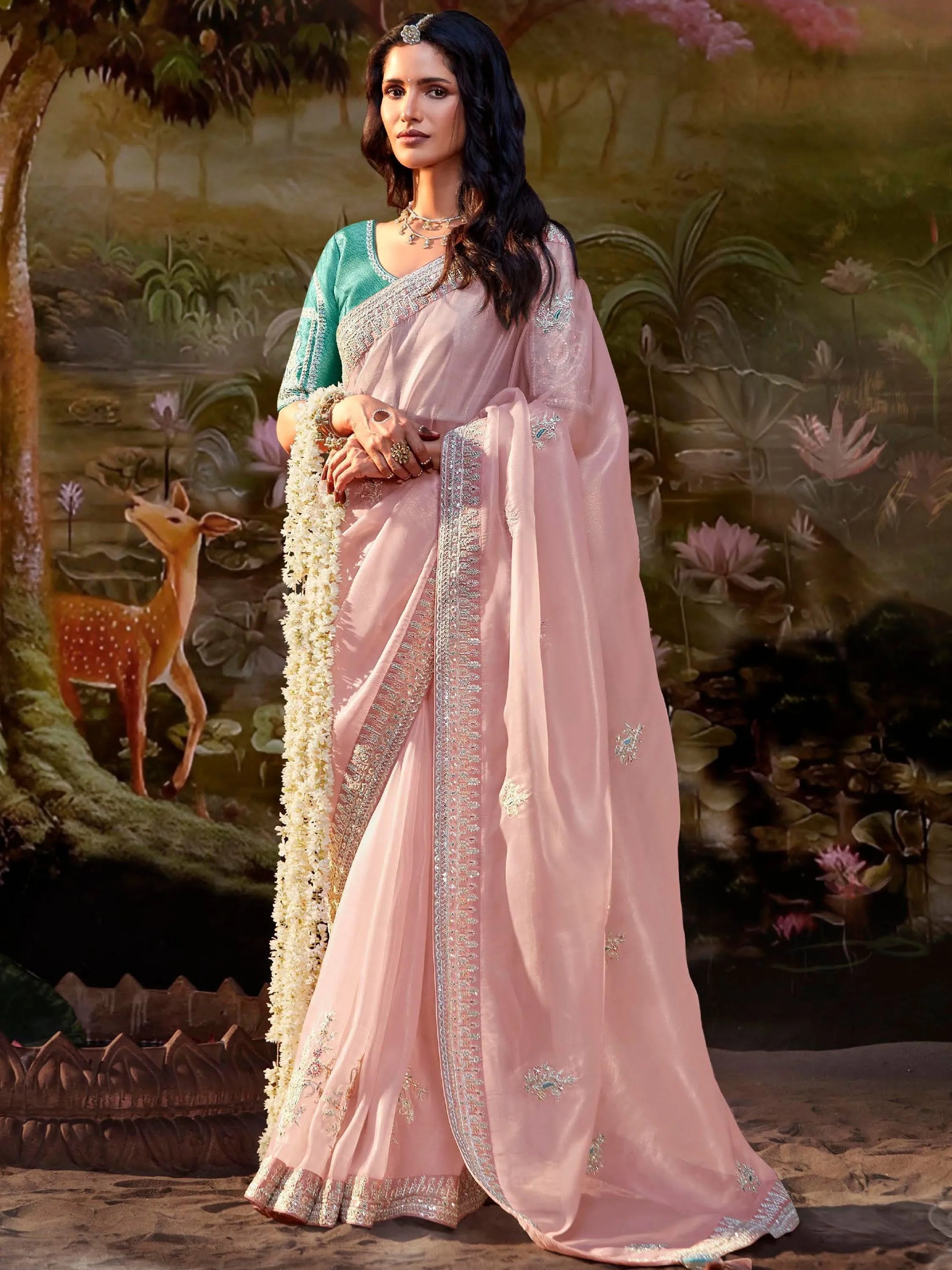 Light Pink Pure Organza Sequins Embroidered Designer Saree Free Shipping Comfortable