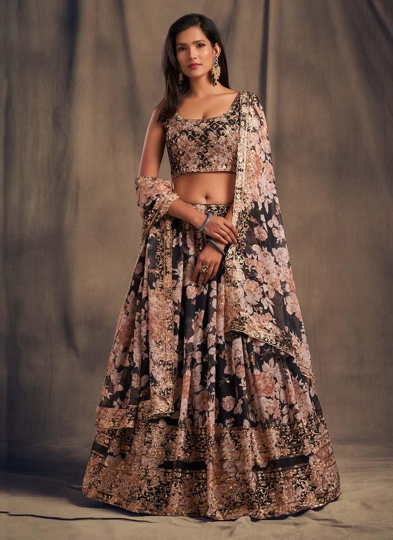 Engaging Look Sequins Work Black Color Organza Base Printed Lehenga Sale Cheapest Pice