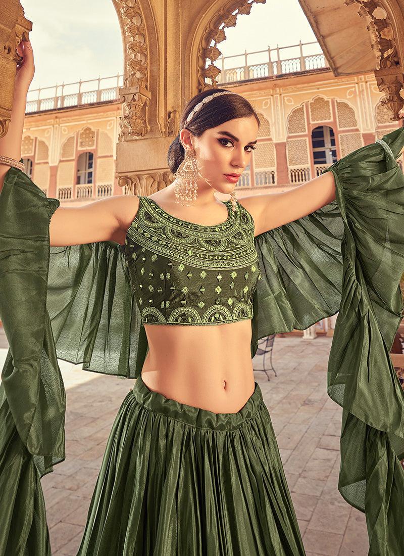 Mirror Work Choli With Olive Green Ruffle Chaniya Free Shipping Cheap Real