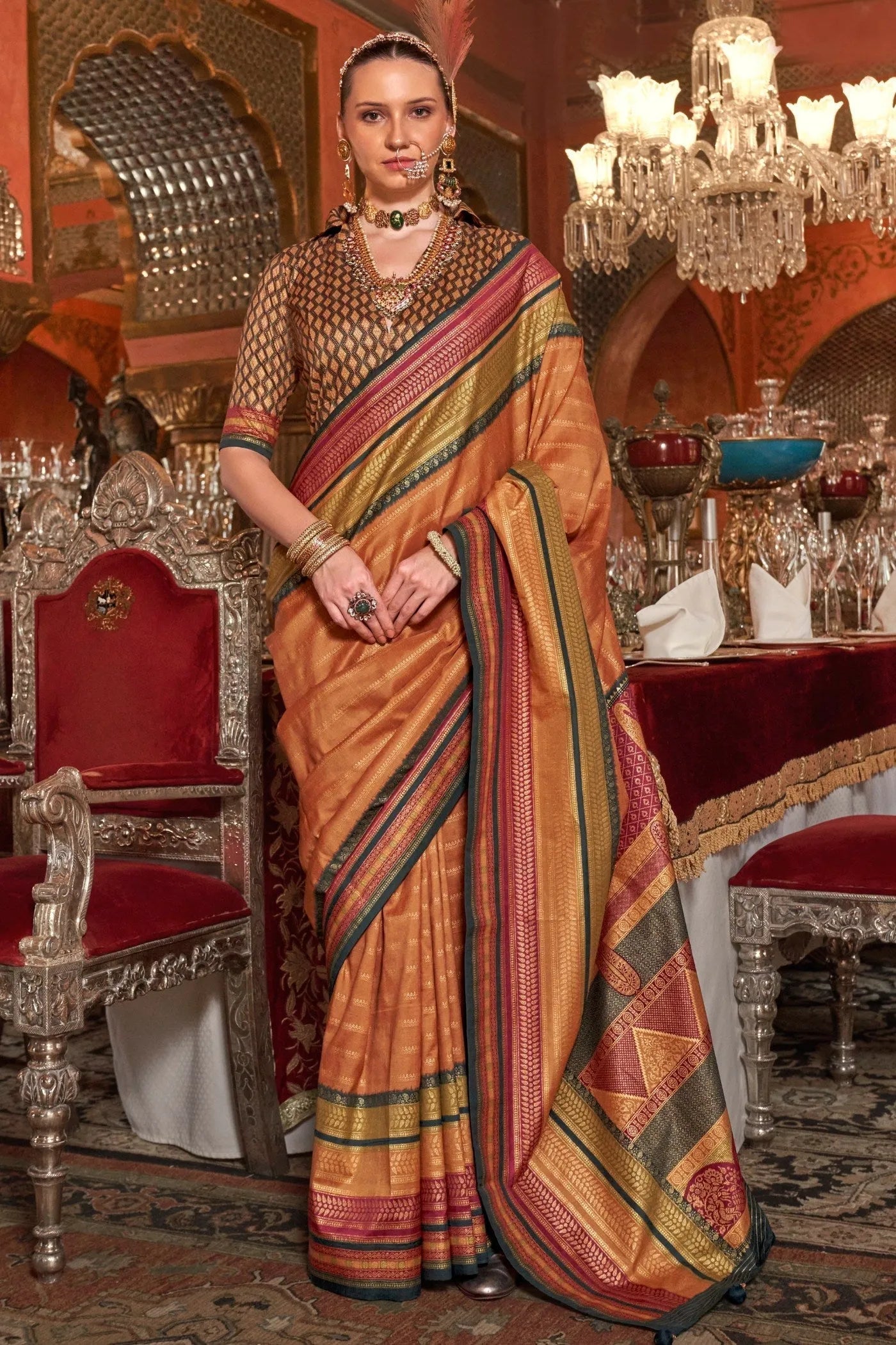 Dignified Dusty Brown Kanjivaram and Patola Printed Silk Saree Cheap Pice From China