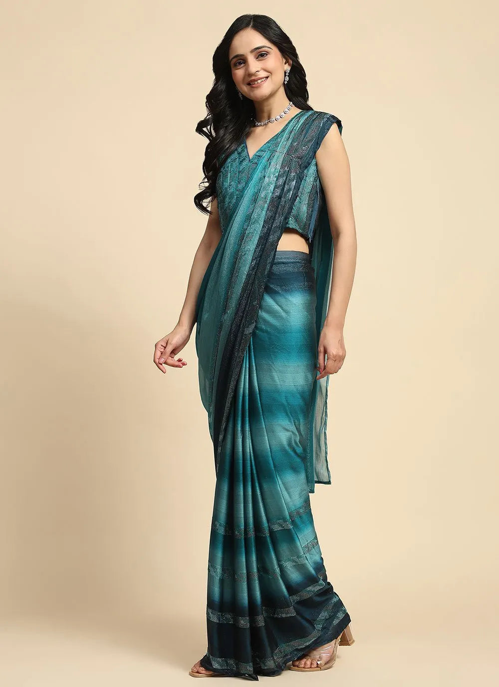 Smalt Blue Pure Satin Silk Stone Lace Border Worked Ready To Wear Saree Best Wholesale Online