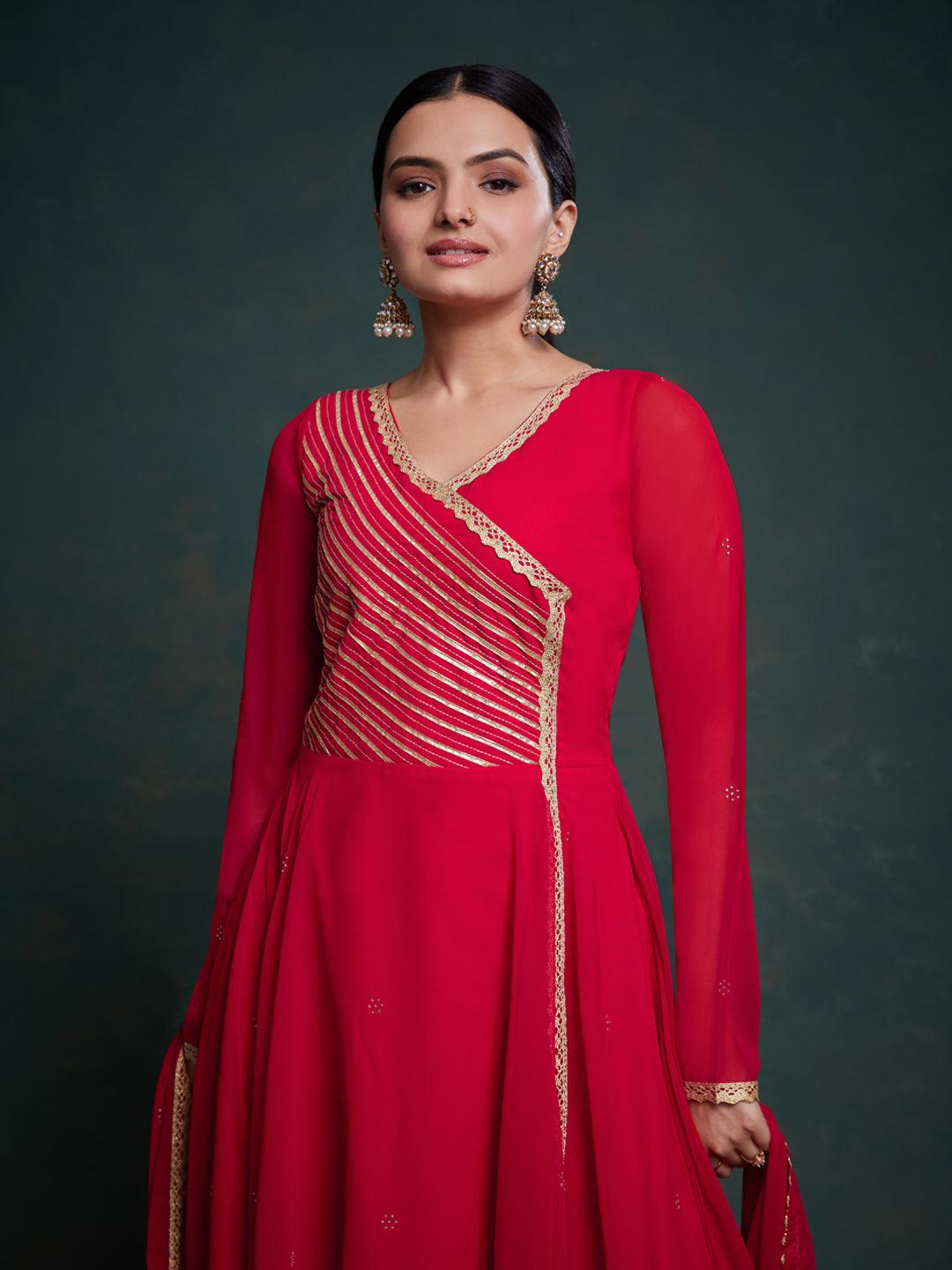 Red color gotta patti gown with dupatta Low Shipping Fee Online