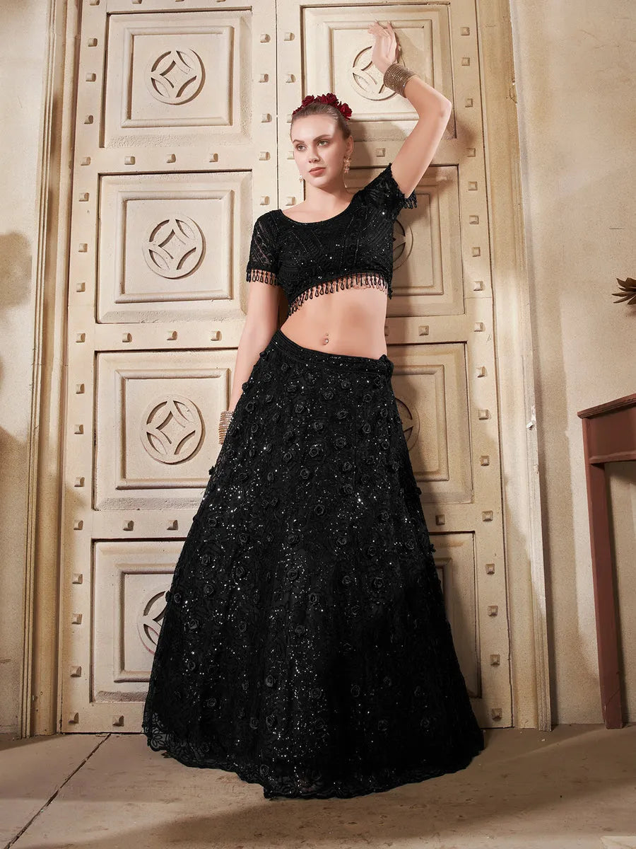 Black Floral  Net Lehenga Set For Bridal Wear With Mastercard