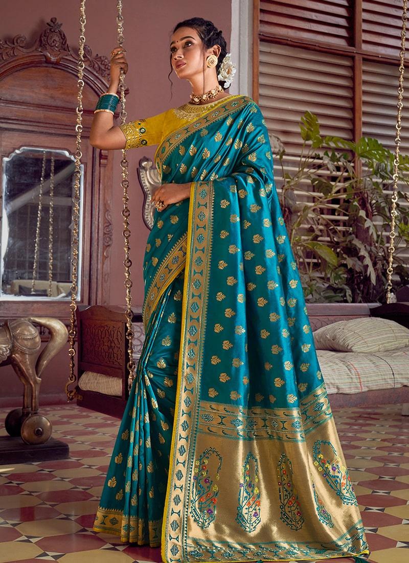 Blue Color Silk Fabric Silk Weave Work Half And Half Saree In China