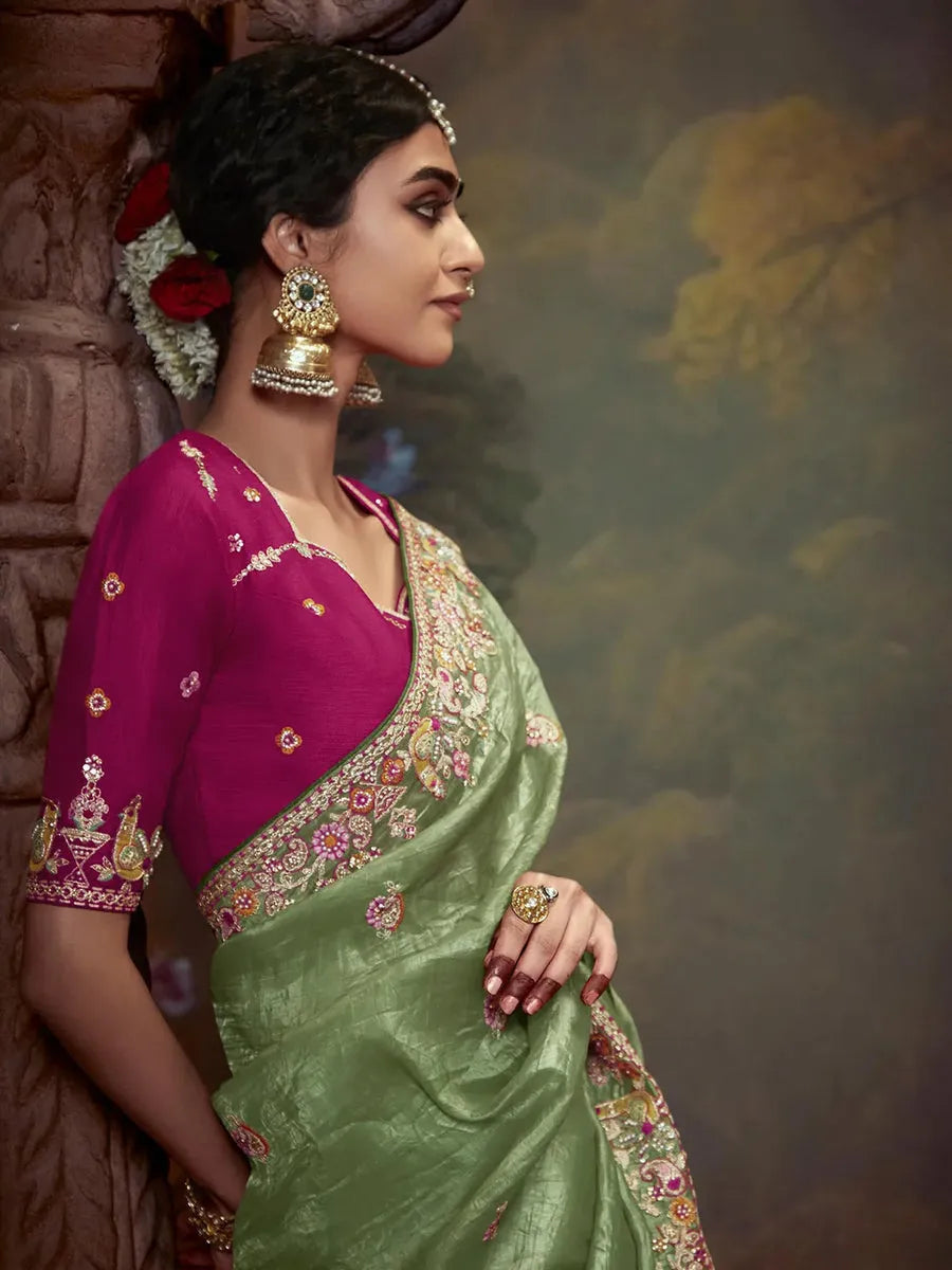 Elegant Pista Green Embroidered Fancy Saree Pices For Sale