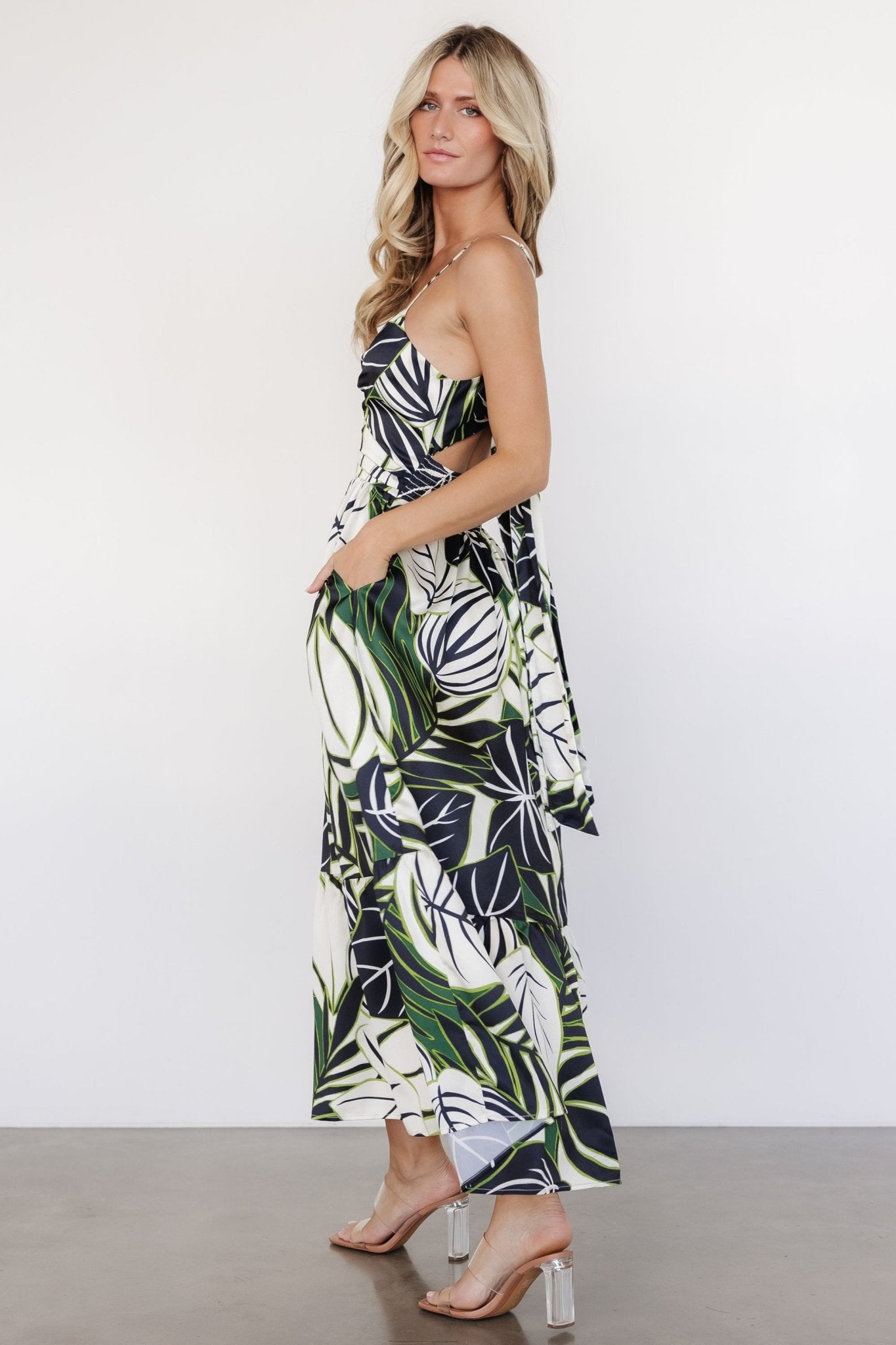 Norita Tie Back Tank Dress | Black + Green Print Popular