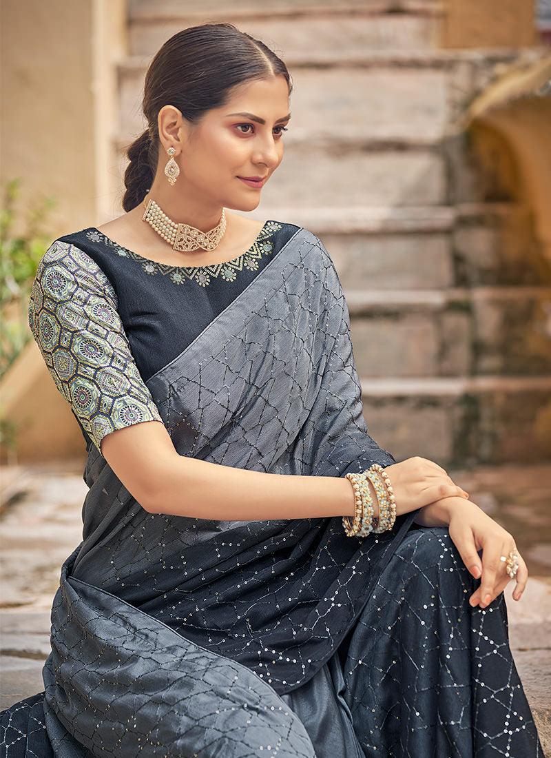 Embroidered Chinon Grey Saree Sale Wide Range Of