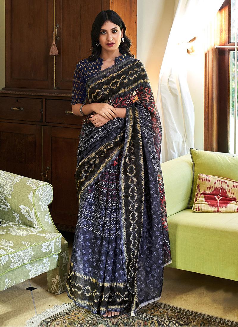 Collared Pattern Printed Teal Blue Saree Release Dates Authentic