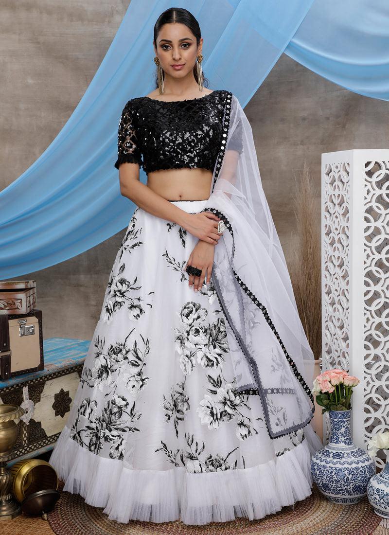 White Foil Print Sequin Work Organza Soft Net Flared Lehenga Buy Cheap Nicekicks