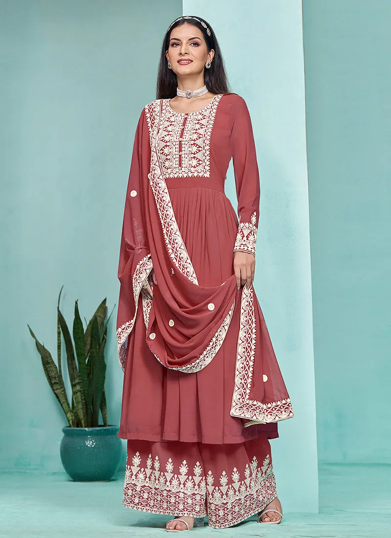 Traditional Rust Red  Embroidered  Anarkali Palazzo Suit Cheap Pice Outlet Sale