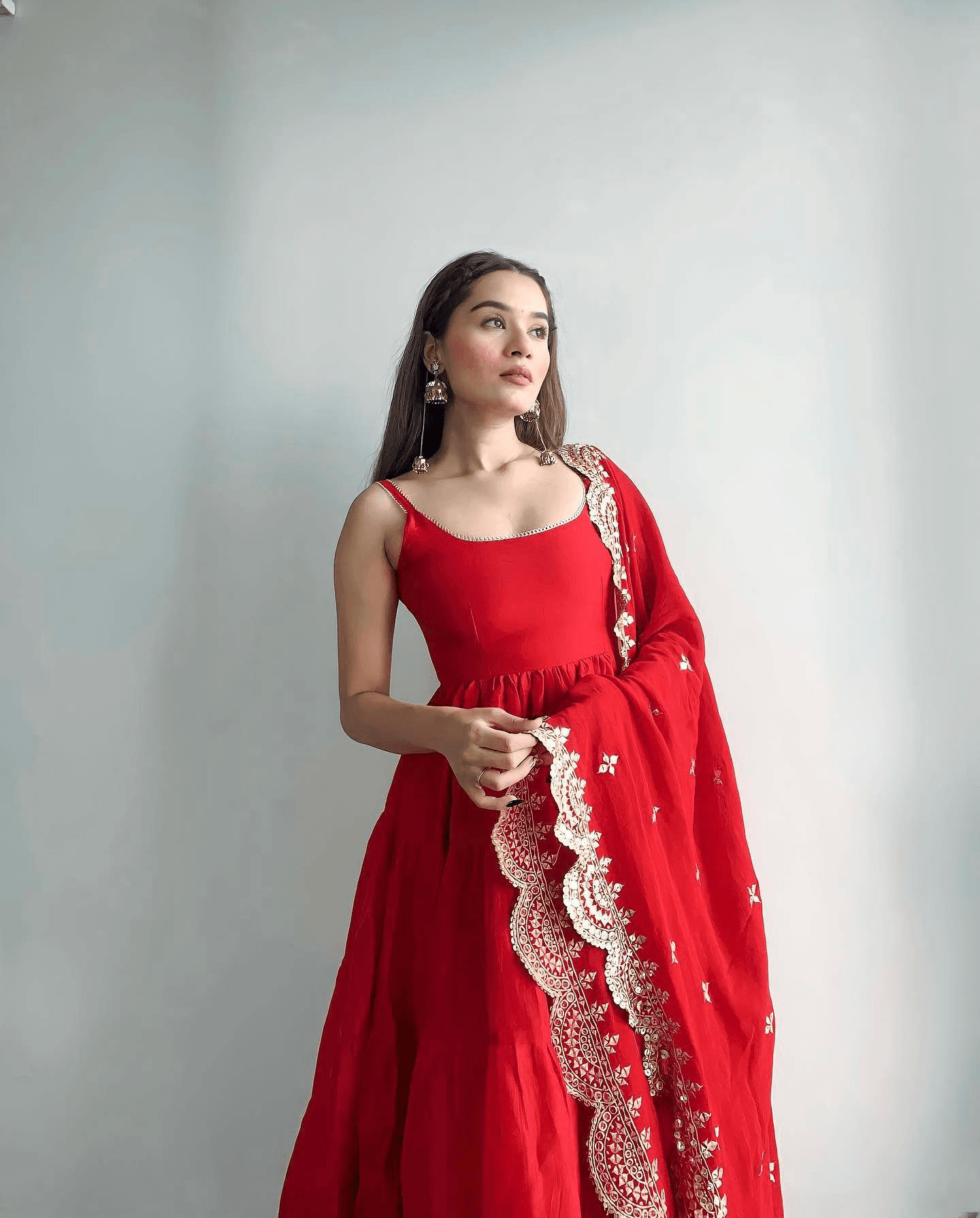 Red Ruffle Sleeveless Gown With Heavy Dupatta Really For Sale