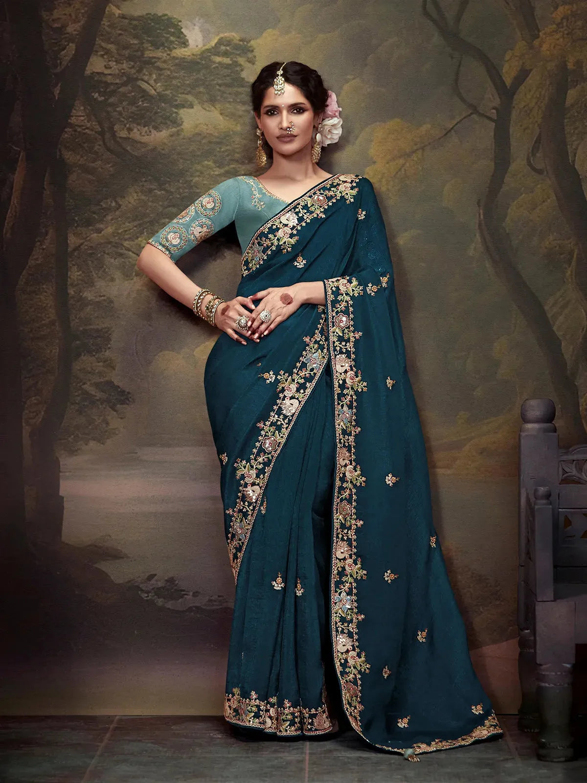 Elegant Peacock Blue Embroidered Fancy Saree Outlet Top Quality