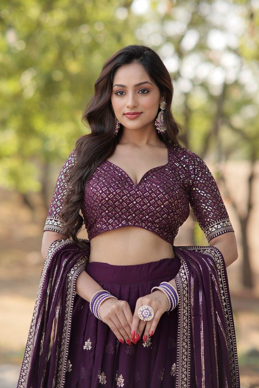 Elegant Plum Embroidered Lehenga Choli with Dupatta Low Pice Fee Shipping For Sale