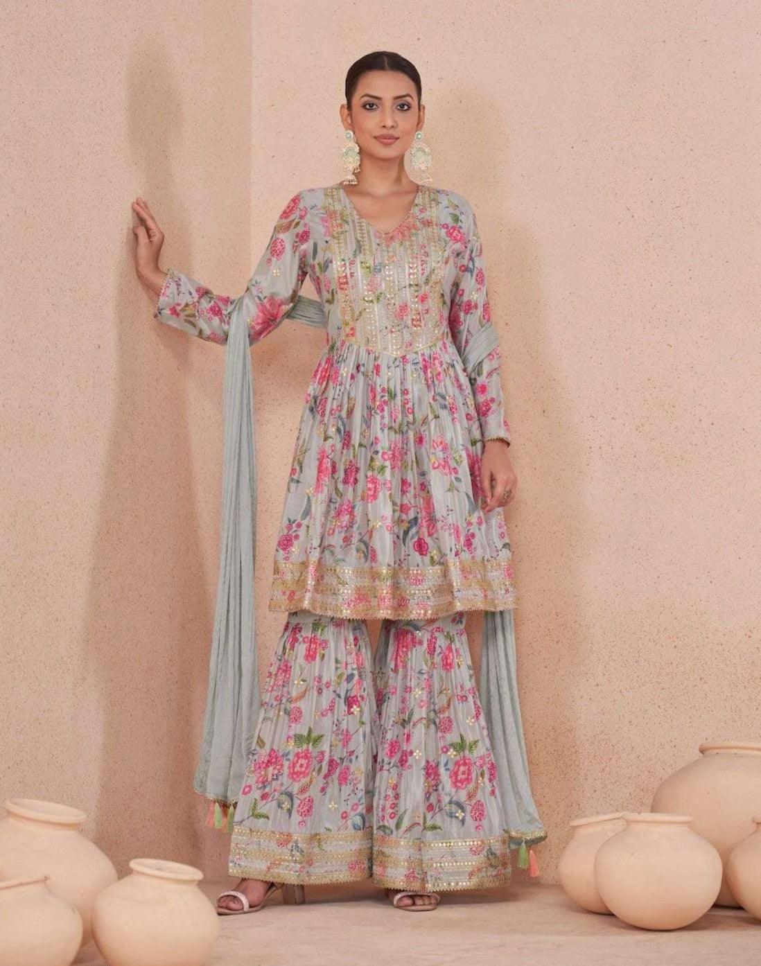 Gray Sequins Embroidered Floral Digital Printed Top Sharara Suit Brand New Unisex