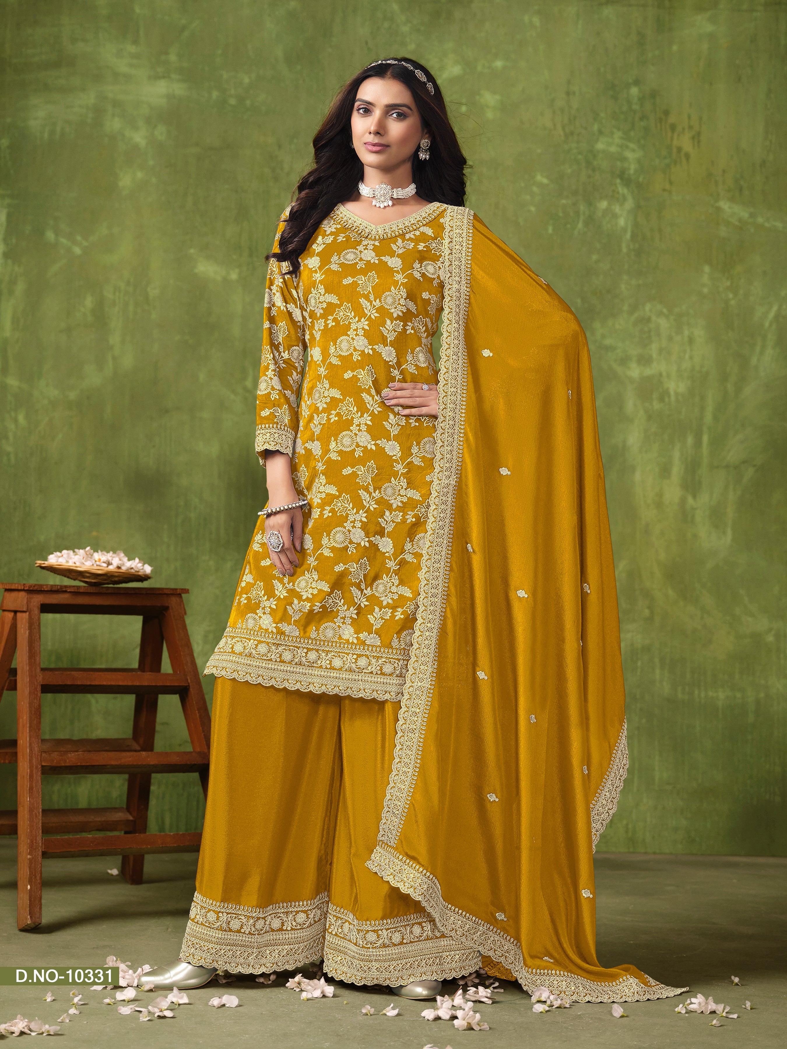 Yellow Dola Silk Jacquard Sequins Embroidered Top Palazzo Suit Cheap Sale Shop