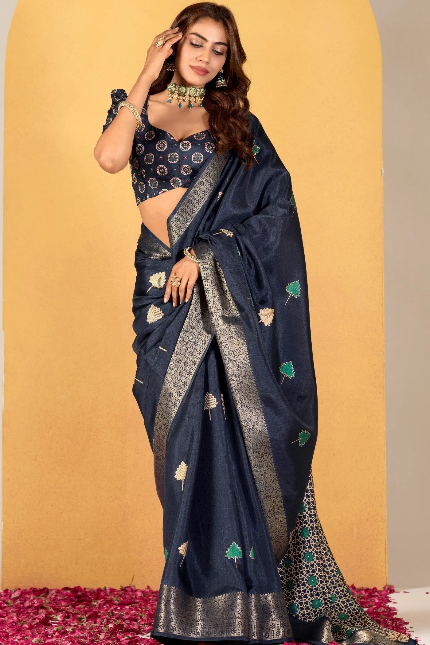 Navy Blue Soft Dola Silk Saree with Elegant Woven Detailing Discount Best Store To Get