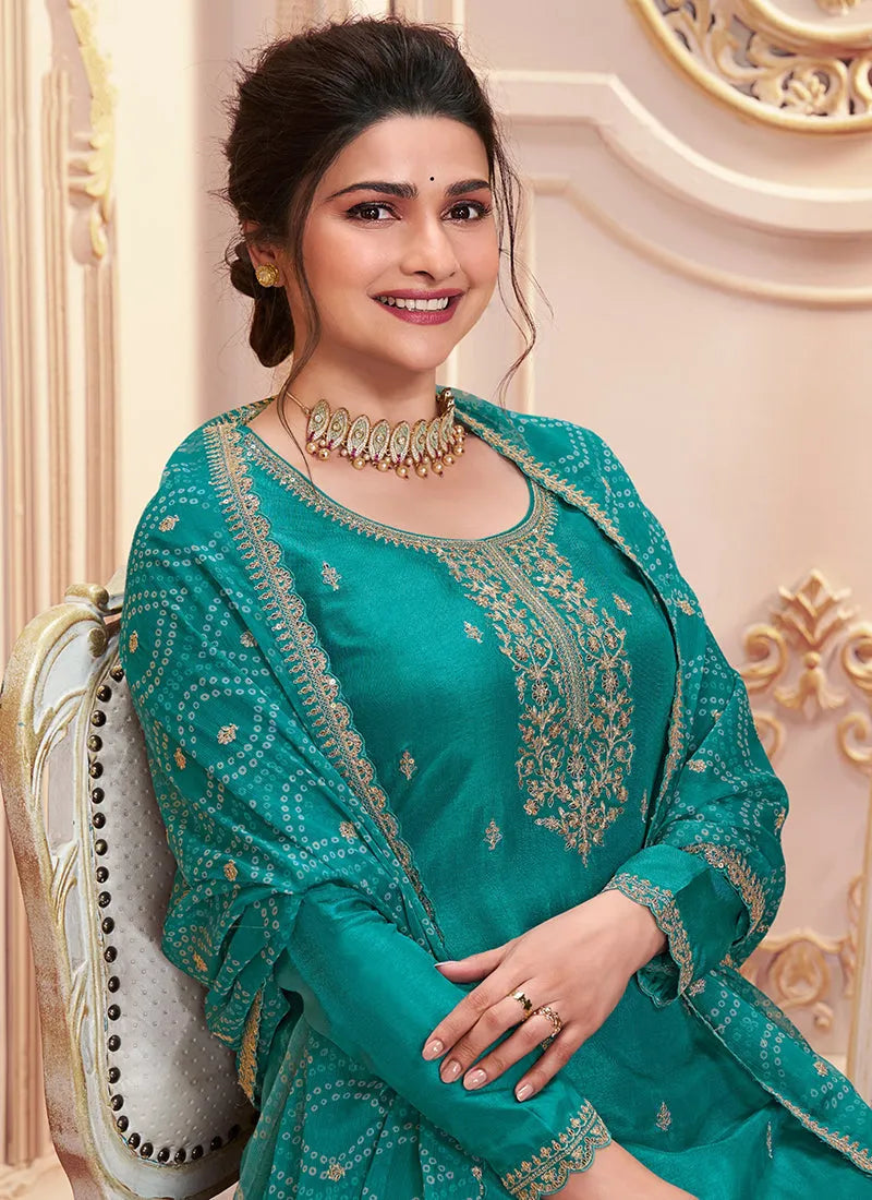 Deep Aqua Colored Georgette Silk Designer Straight Suit Nicekicks Cheap Online