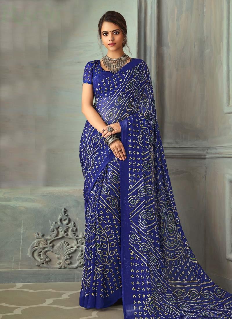 Brilliant Blue Color Bandhej Printed Chiffon Base Saree Sale Cost