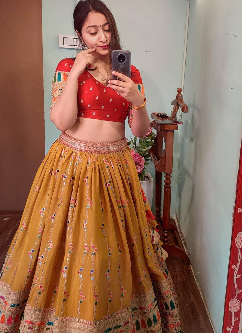 Half Sleeves Flared Mustard Lehenga Cheap Pice From China