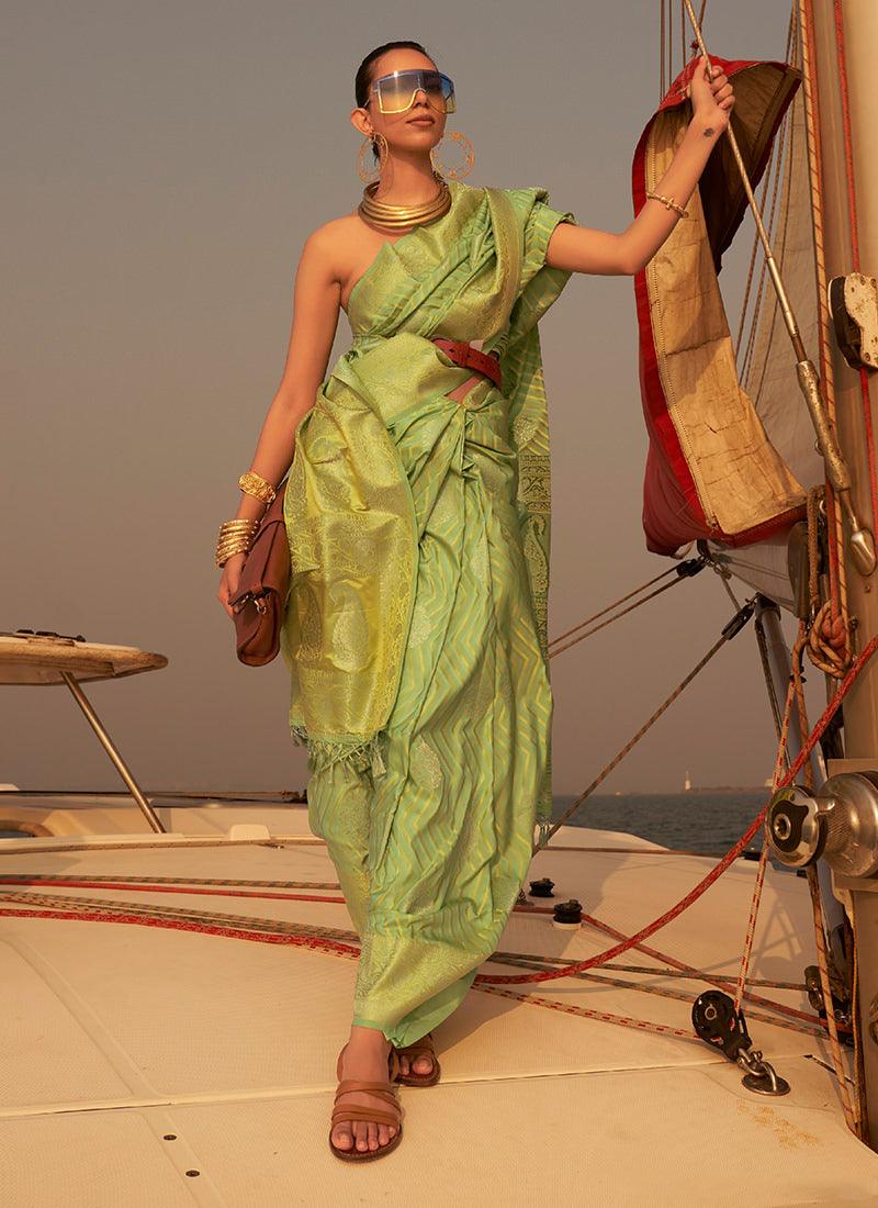 Two Tone Weaving Green Pure Satin Saree Free Shipping Big Discount