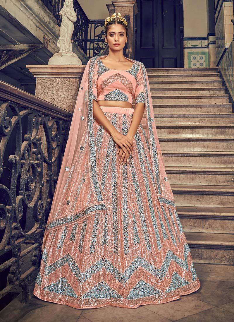 Attractive Soft Net Fabric Peach Color Sequins Work Lehenga Choli Cheap Cost