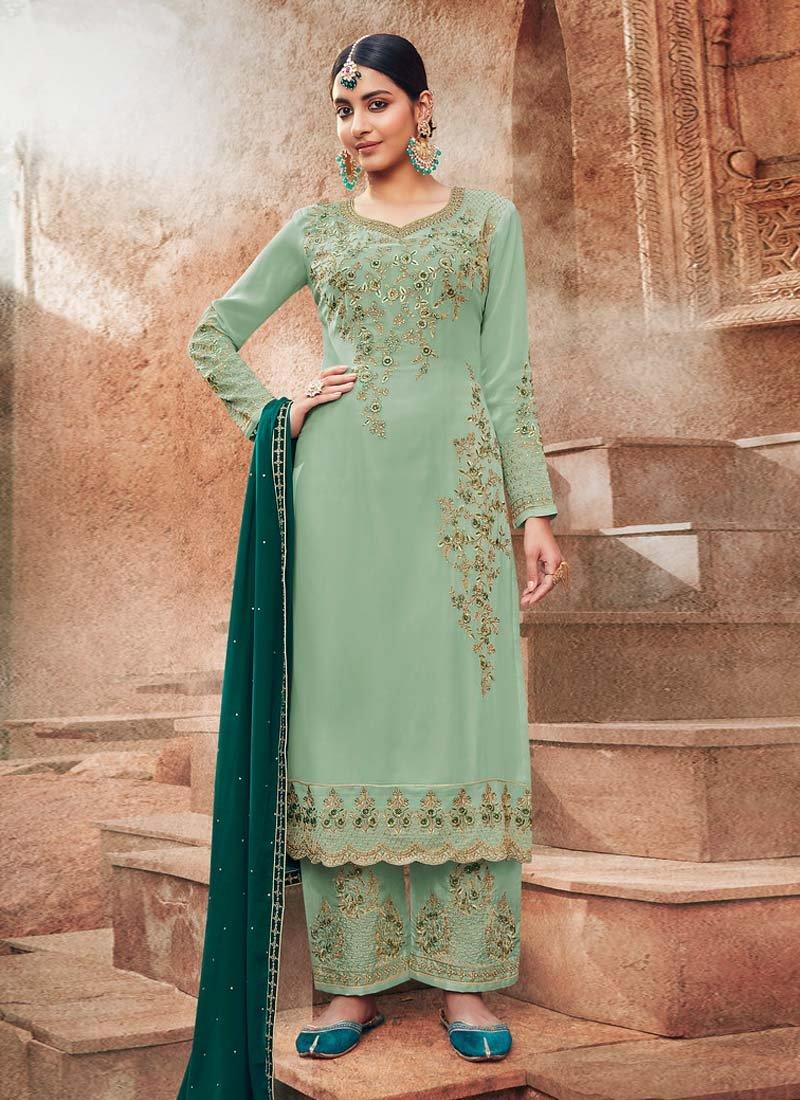 Light Green Color Georgette Base Resham Work Pant Style Salwar Kameez Outlet With Paypal Order