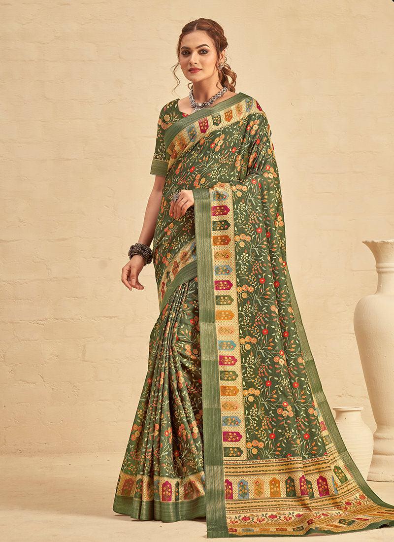 Silk With Digital Print Green Saree Classic Cheap Pice