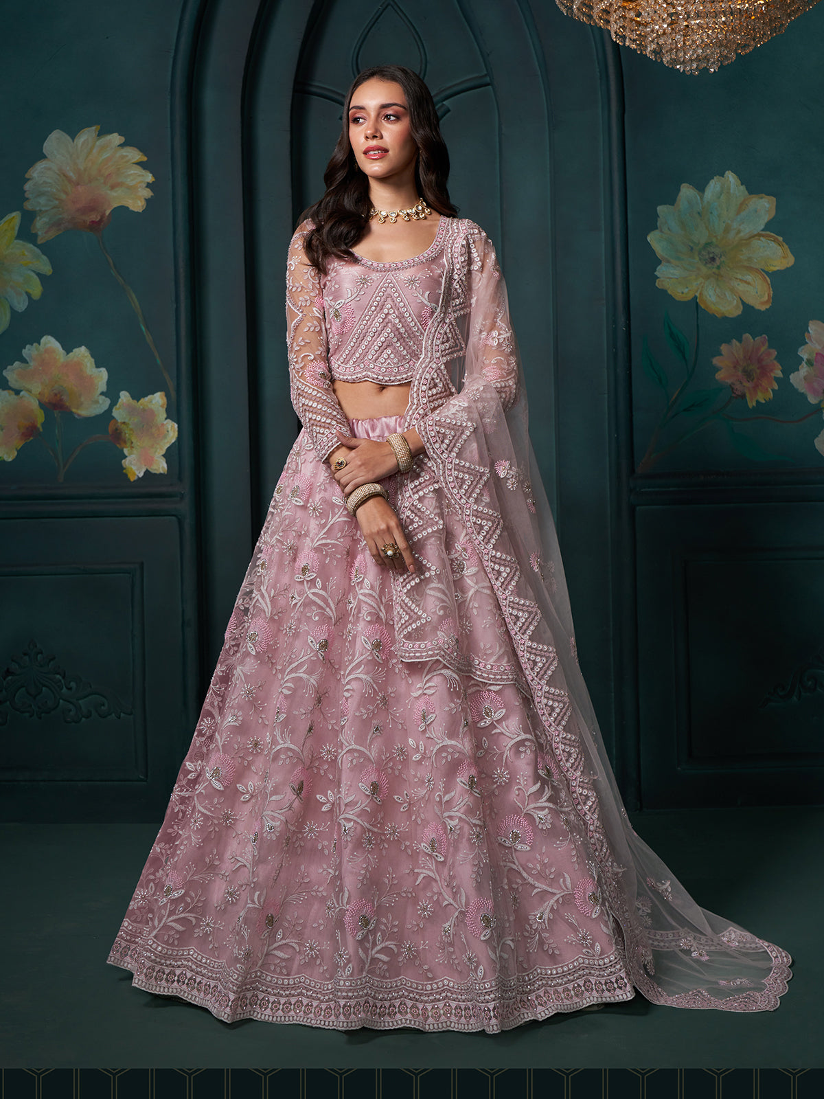 Exquisite Dusty Pink Embroidered Bridal Lehenga Choli Low Pice Fee Shipping