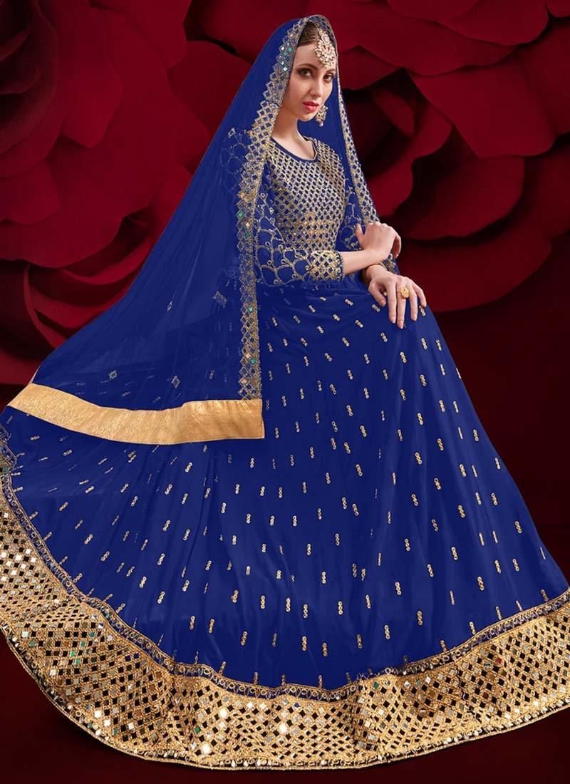 Georgette Fabric Blue Color Mirror And Zari Work Pakistani Salwar Suit Cheap Sale Comfortable