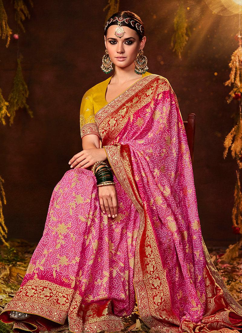 Embroidered Blouse With Pink Bandhej Saree Footlocker Finishline For Sale