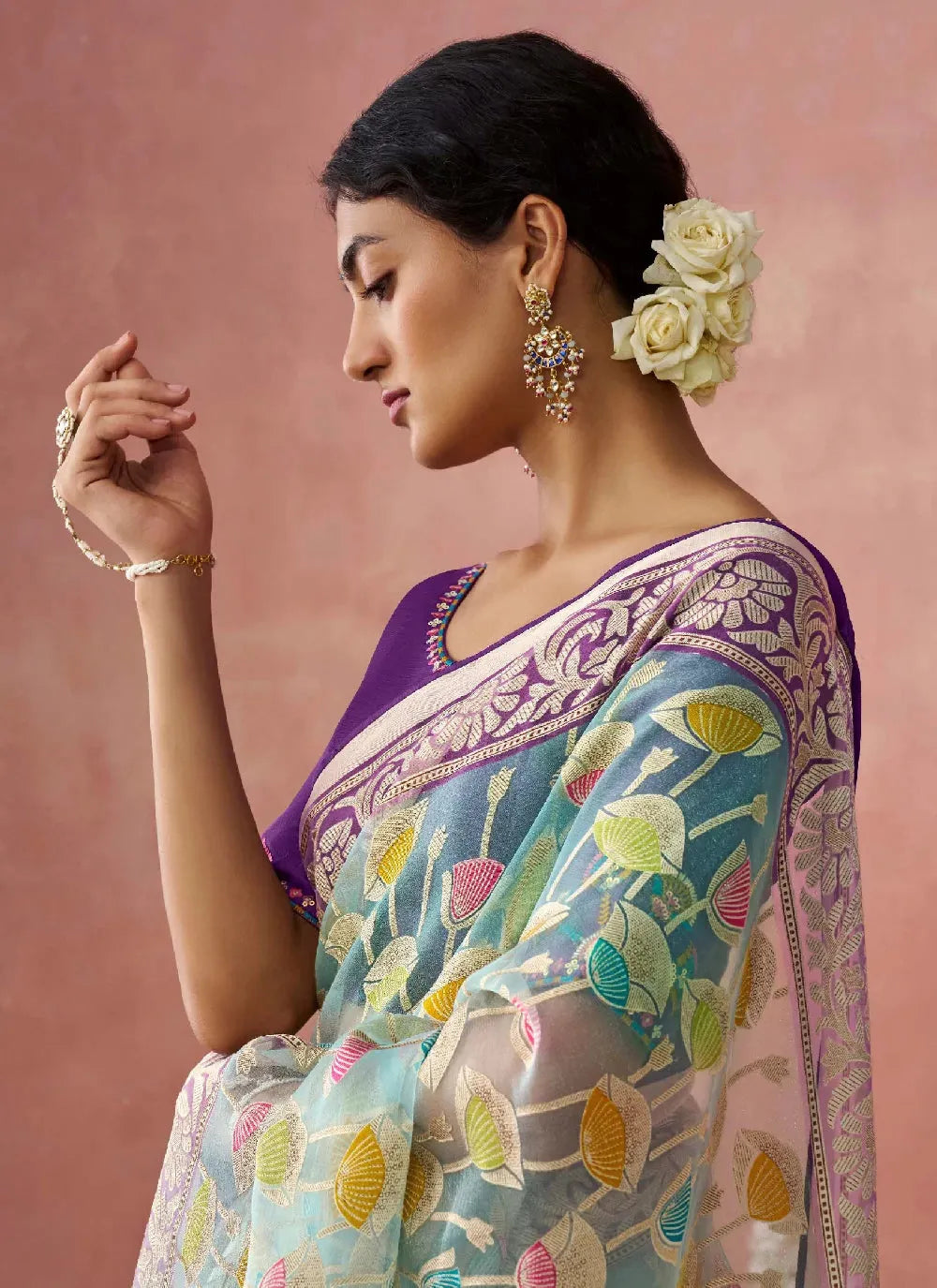 Mauve and Turquoise Organza Printed Woven Worked Saree Official